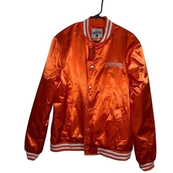 Dabwoods Orange Satin Bomber Jacket With Striped Ribbed Trim & Snap Buttons - Picture 10 of 12